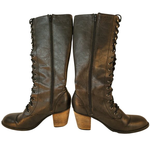 "Crown Vintage" Knee High Lace-Up/Zip-Up Black Faux Leather Boot Size 7.5M - Picture 5 of 11